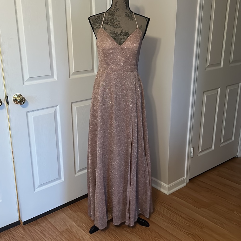 Mauve Sparkly Maxi Dress w/ V-Neck, X-back and Slit